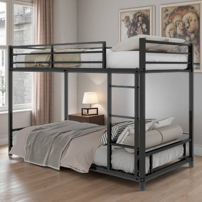 Twin Over Twin Metal Bunk Bed with Safety Guardrails, Sturdy Construction, Noise-Reduced, No Box Spring Needed, Black - Black