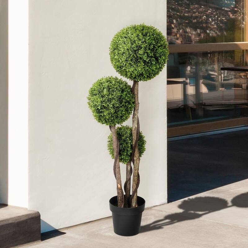 HOMCOM Artificial Plant for Home Decor Indoor & Outdoor Fake Plants Artificial Tree in Pot, 3 Ball Boxwood Topiary Tree