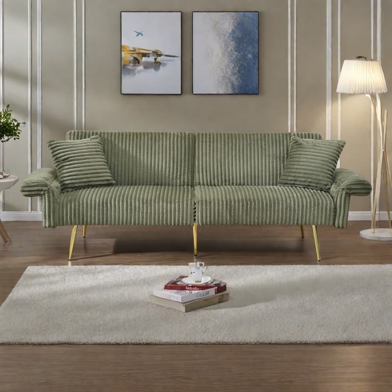79" Corduroy Foldable Sofa Bed with 3-Position Armrests, High-Resilience Foam, and Metal Legs