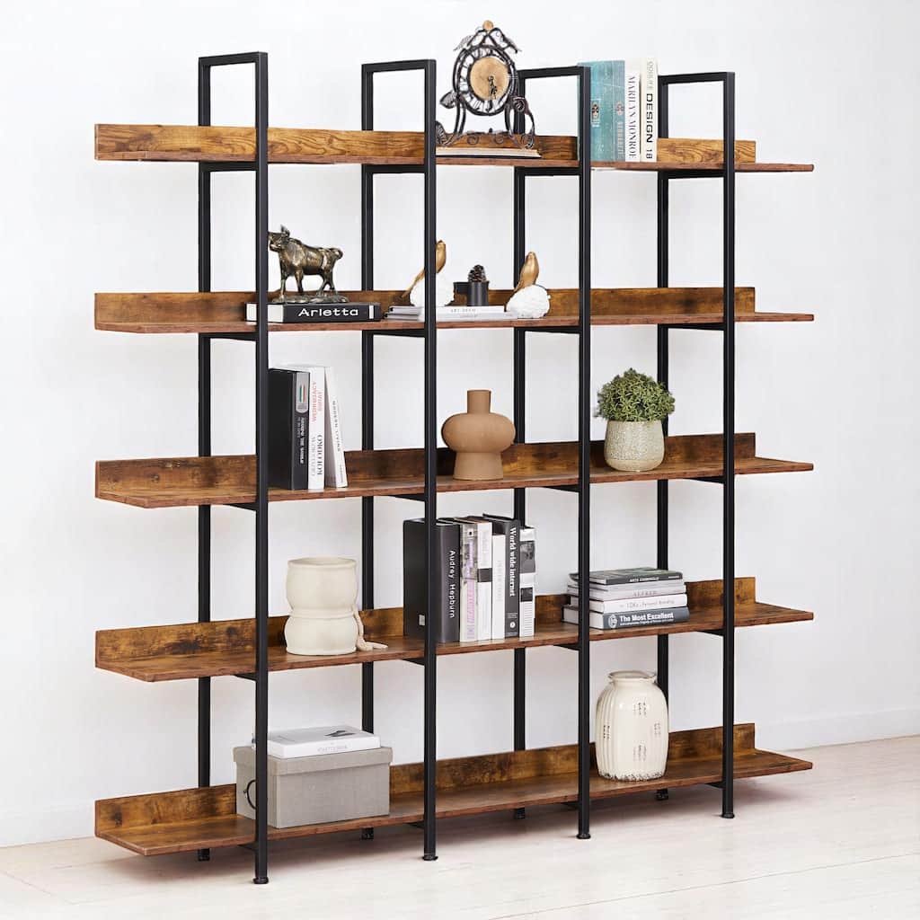 5-Tier Industrial Bookshelf, Rustic Bookcase, Adjustable Foot Pads, 70.87" Tall Storage Rack for Living Room, Office