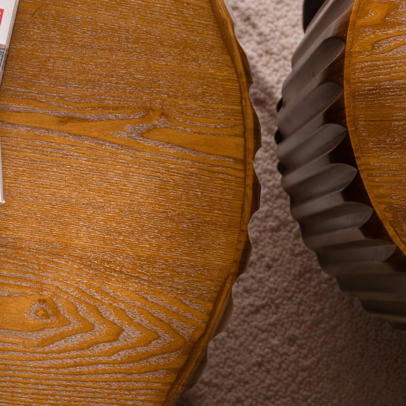 Set of 2 Fluted Round Coffee Tables, Mid-Century Modern Nesting Wood Center Tables, Solid Wood and MDF