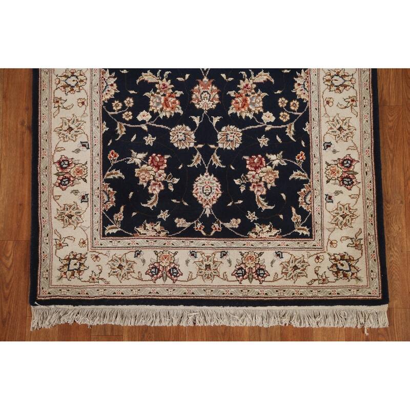 Hand Knotted Oriental Wool & Silk Carpet Traditional Floral Navy Blue & Blues Tabriz Area Rug - 4' 11'' X 3' 1''