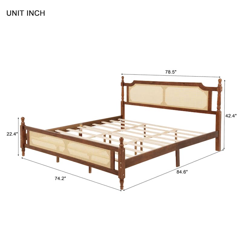 Roomfitters King Pine Wood Bed Frame with Rattan Headboard and Footboard, Central Reinforced Platform Support