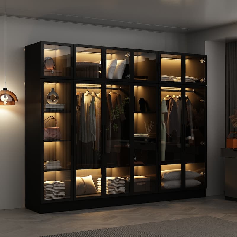 Glass Door Wardrobe Armoire Storage Closet with Light Display Cabinet