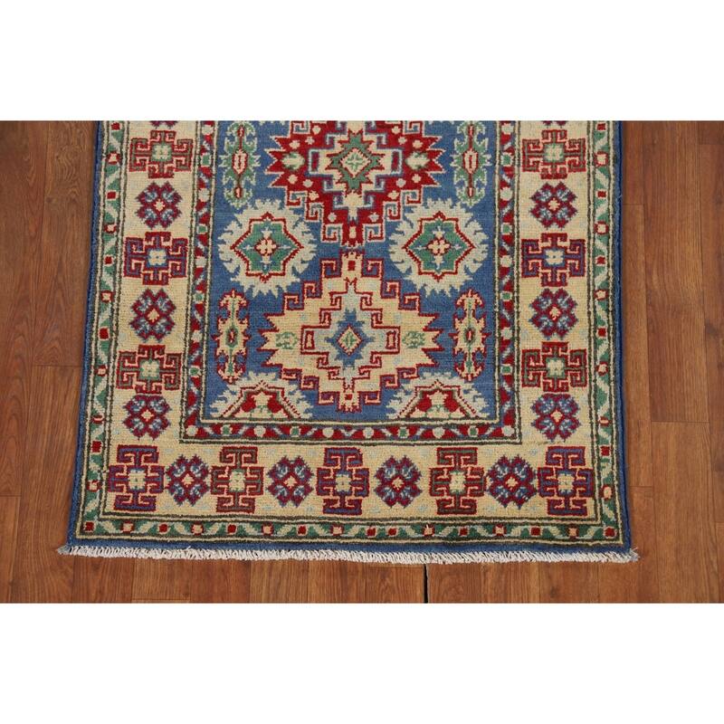 Kazak Runner Rug Hand-Knotted Traditional Blue Wool Carpet - 2'7" x 13'1"