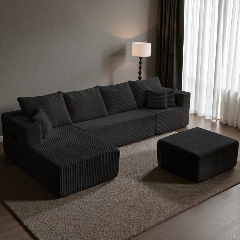 133.86" Cloud Modular U-Shaped Sectional Sofa with Ottoman, Deep-Seat Corded Fabric Couch for Living Room, No Assembly - Black
