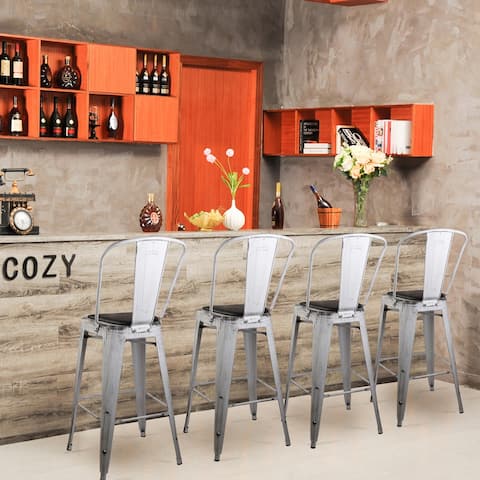 High Back Metal Barstool with Black/Brown Leather Cushion-Set of 4