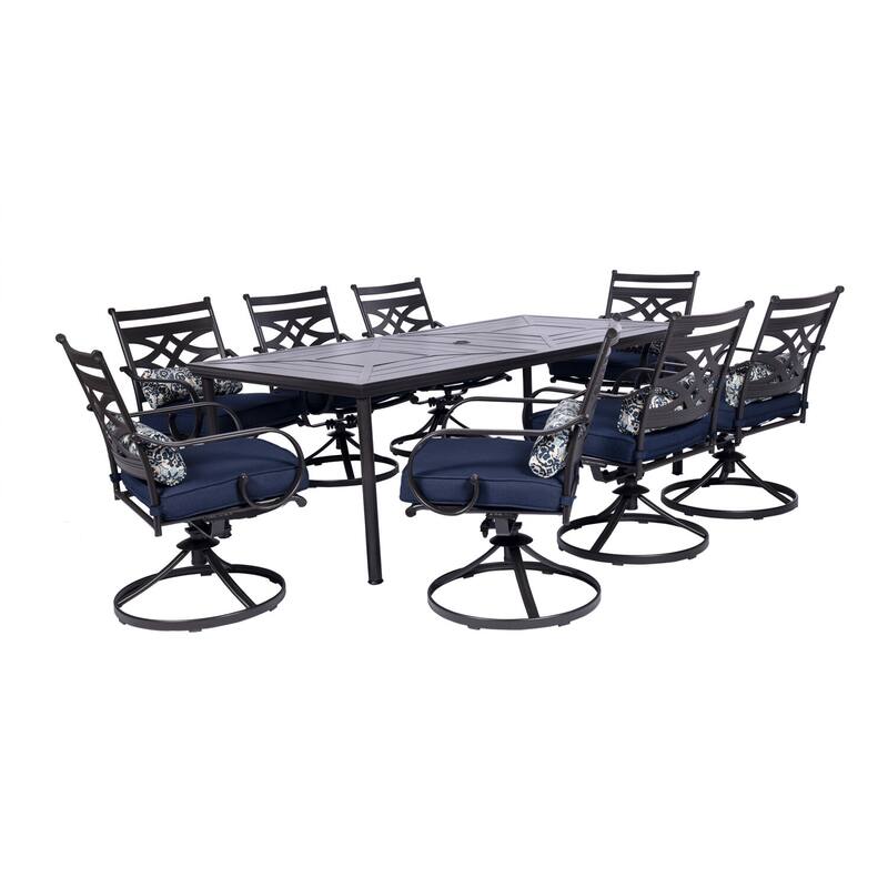 Hanover Montclair 9-Piece Dining Set in Navy Blue with 8 Swivel Rockers and a 42-In. x 84-In. Table