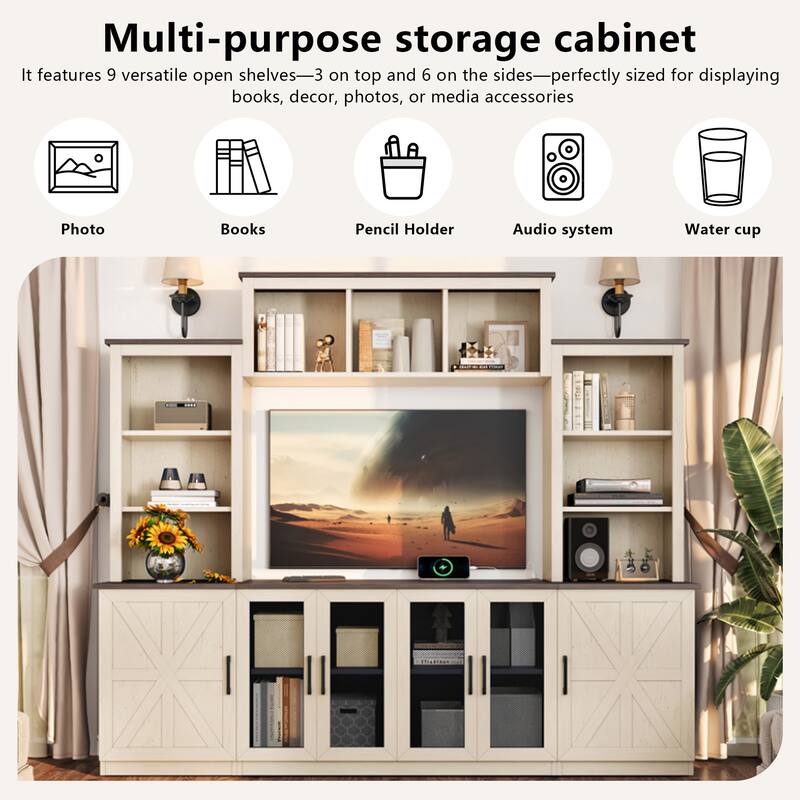 87.6" Wall Unit Entertainment Center Wood TV Stand with USB Charging, Media Console with Cabinets, Large Storage TV Cabinet