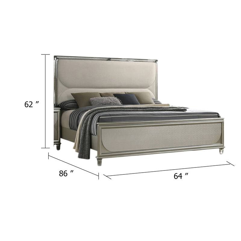 Zema Queen Bed, Upholstered Headboard w LED, Silver Wood, Acrylic Legs