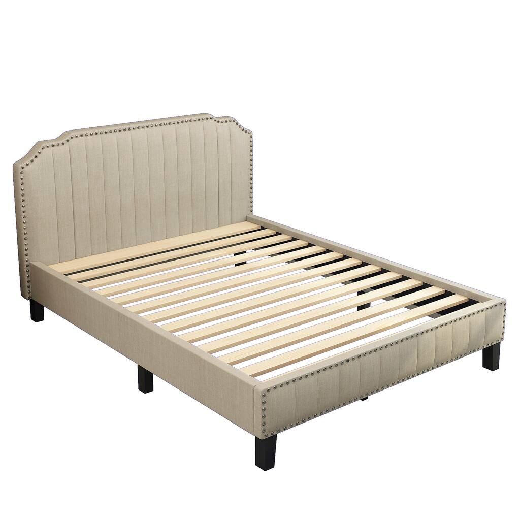 Modern Upholstered Platform Bed with Nailhead Trim, Solid Wood Frame