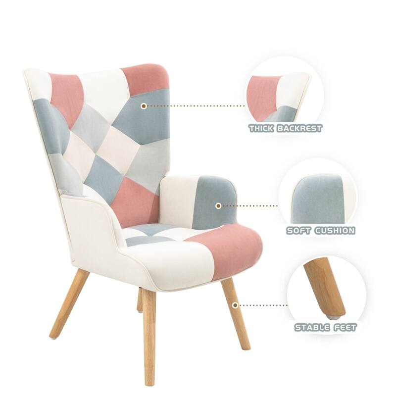 Accent Chair with Ottoman, Comfy Side Armchair for Bedroom, Creative Splicing Cloth Surface
