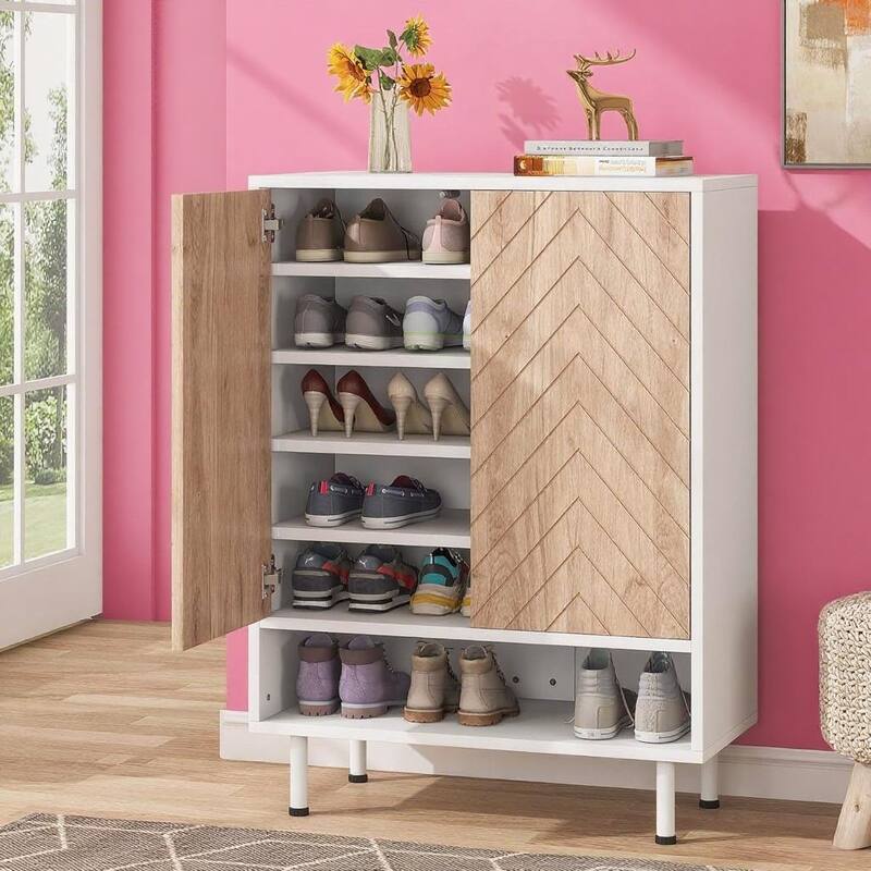5-Tier White MDF Shoe Cabinet with Rustic Herringbone Design for Entryway or Bedroom - 28.74”L x 13.77”W x 43.31”H