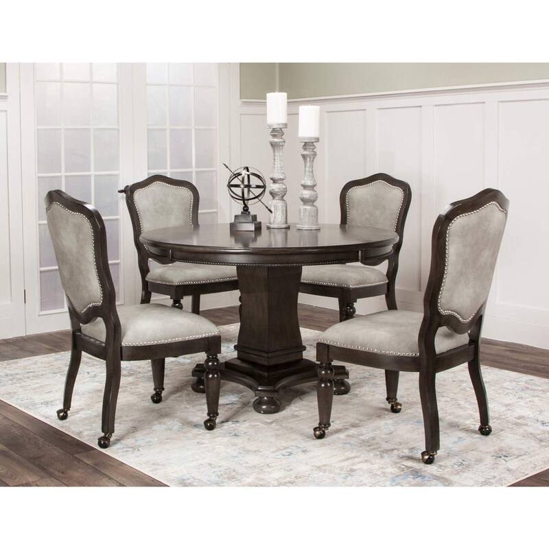 Vegas Poker Table Set - 5 Piece Dining Game Table with Chairs - 48" Round Reversible Top - Gray Finish