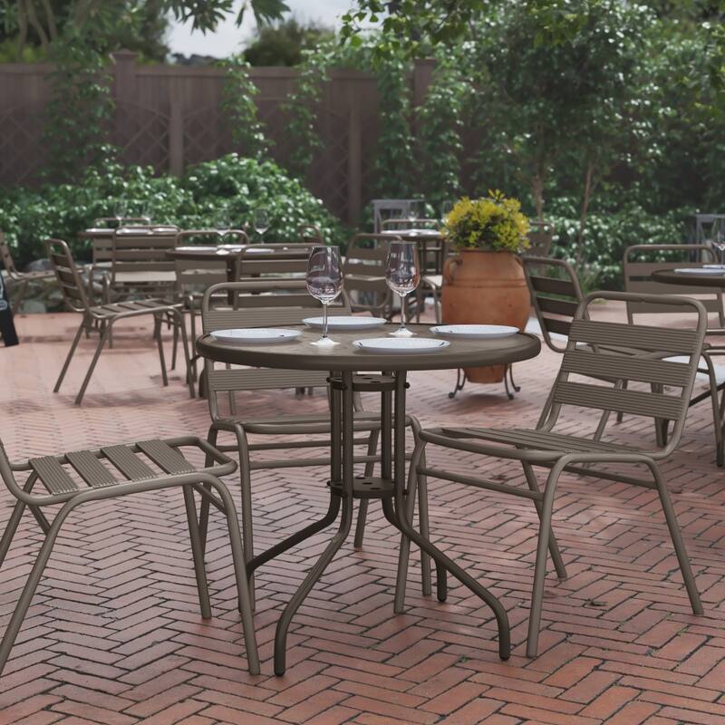 31.5" Round Tempered Glass Metal Table with Smooth Ripple Design Top - Clear/Bronze