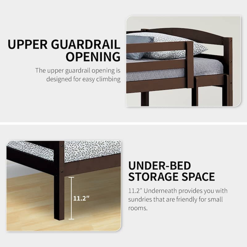 Modern Espresso Solid Wood Twin Over Twin Bunk Bed with Ladder
