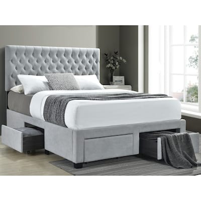 Modern Design Grey Button Tufted Upholstered Bed with Storage Drawers