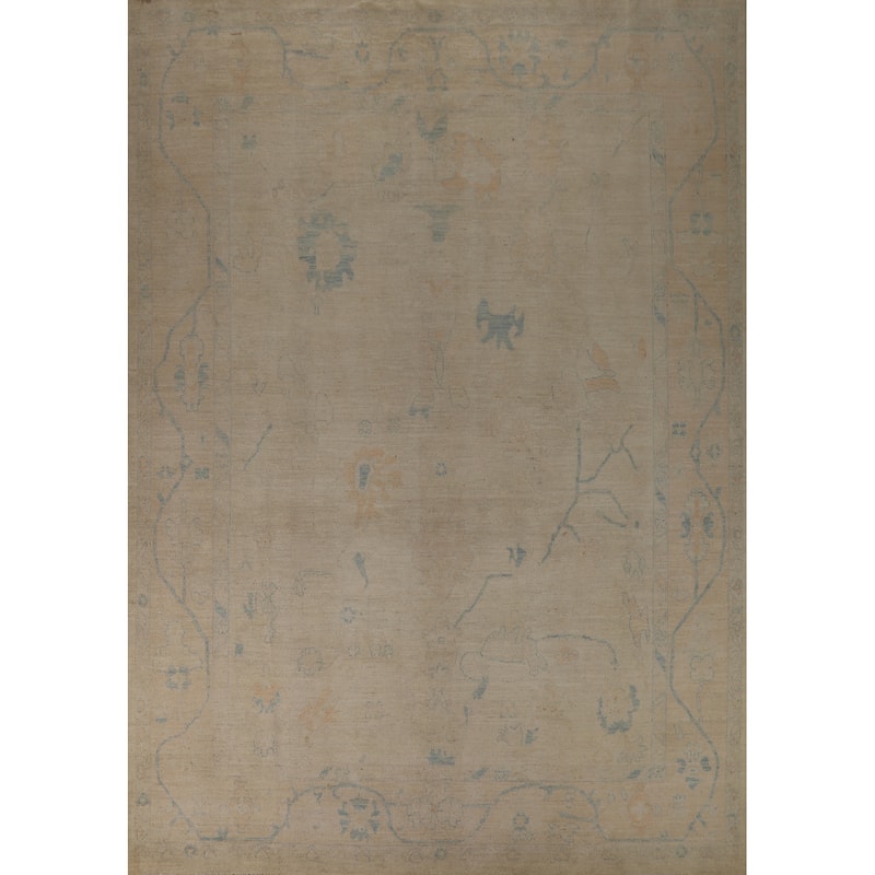 Vegetable Dye Oushak Turkish Area Rug Hand-Knotted Beige Wool Carpet - 8'11"x 11'10"
