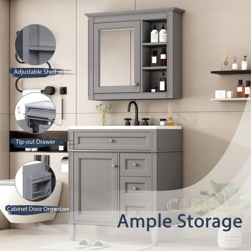 GDFStudio - Montvale Modern Freestanding Bathroom Vanity Set with Mirror Cabinet, Resin Sink & a Tip-out Drawer - 30'W