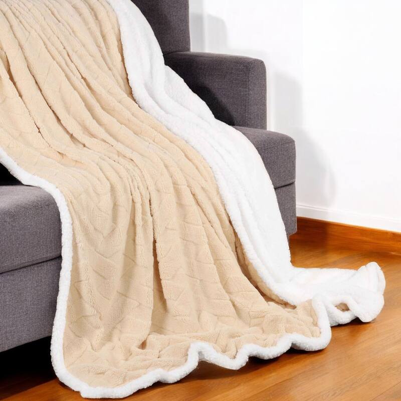 HomeRoots 50" X 60" Cream Fleece Woven Geometric Plush Throw Blanket - Throw - Cream