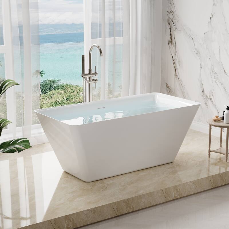 Freestanding Soaking Bathtub, 100% Pure Virgin Acrylic with Drain And Overflow,Glossy White