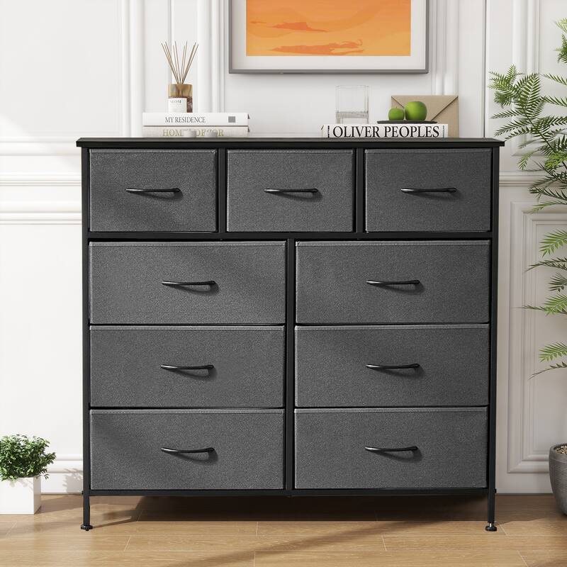 9-Drawer 11.8 in. Wide Chest of Drawers Fabric Storage Tower with Steel Frame, Wooden Top - Grey