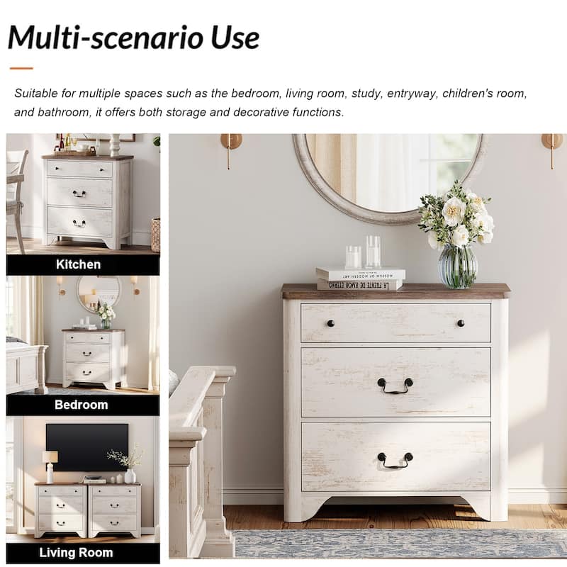 WAMPAT Large Farmhouse Nightstand with 3 Drawers,Wooden End Table