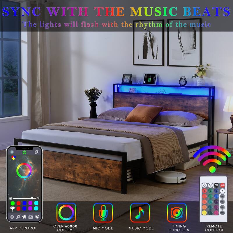 Metal Bed Frame with RGB LED Headboard, USB Charging Ports, Storage Drawers, and No-Noise Design, Full/Queen Size
