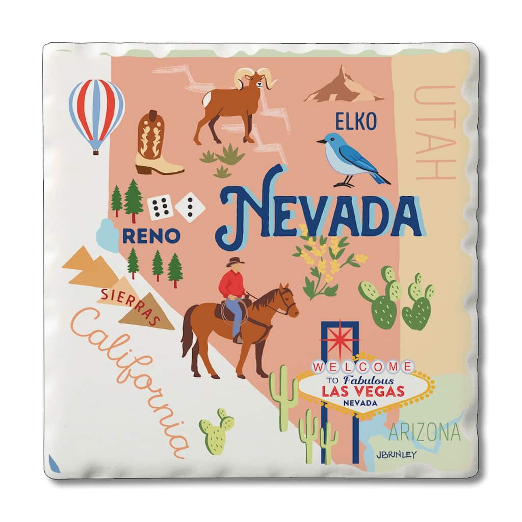 Absorbent Stone Beverage Coasters - Set of 4 - - State Attractions - NV - Multi-53