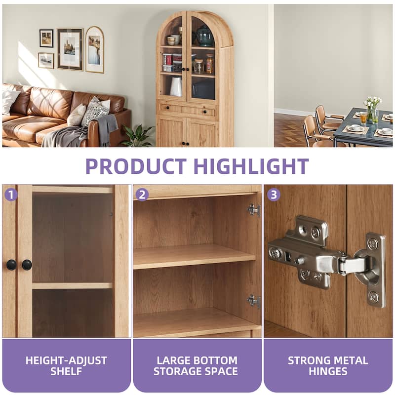 71 Inch Tall Farmhouse Arched Pantry Cabinet with Large Drawers and Adjustable Shelves for Kitchen Storage Organization