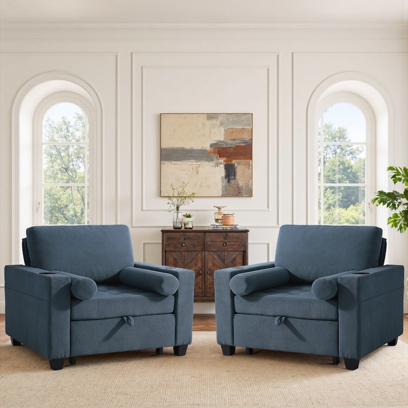 3-in-1 Adjustable Sleeper Sofa Bed Convertible Chair for Living Room - Navy - 2 Set