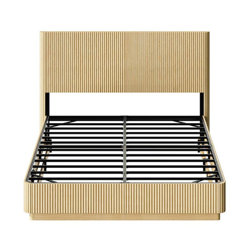 Low Profile Bed Frame with High Headboard, LED Light Strip Under Bed, Wooden Corrugated Curved Platform Bed, Metal Frame Support