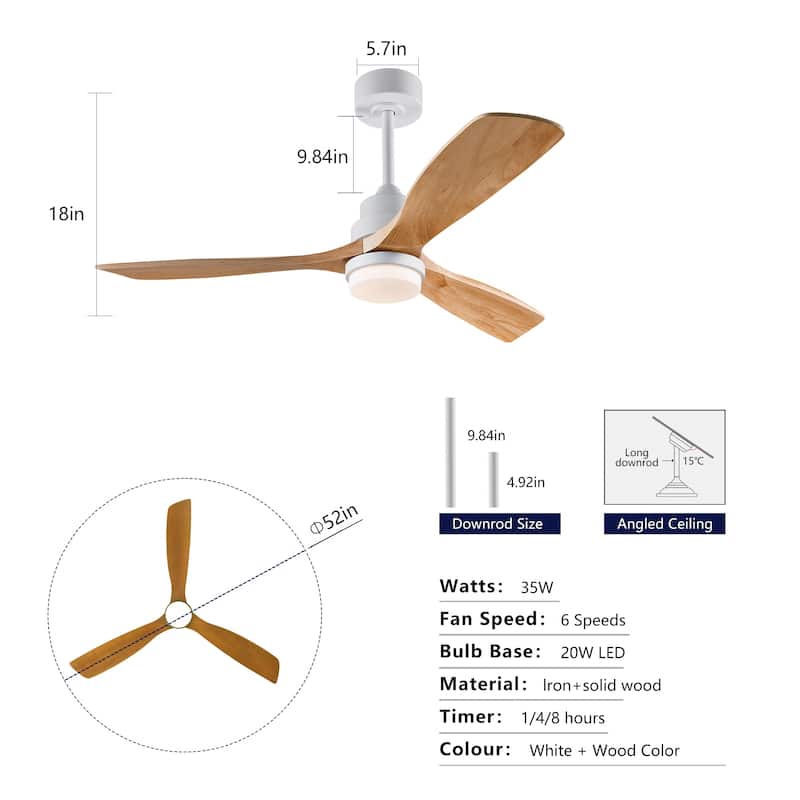 52" Ceiling Fan w/ 3 Color Dimmable 3 Blades Remote Control Reversible DC Motor