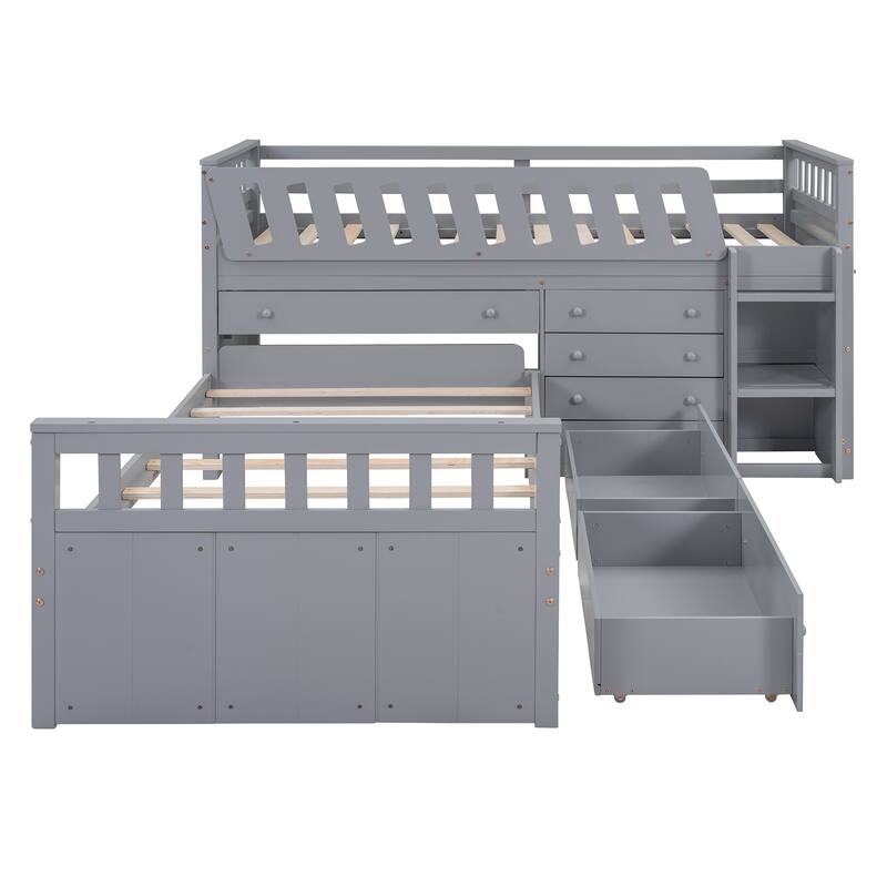 L-shaped Space-Saving Twin Loft and Twin Platform Bed with 7 Drawers and Full Guardrails(GRAY)