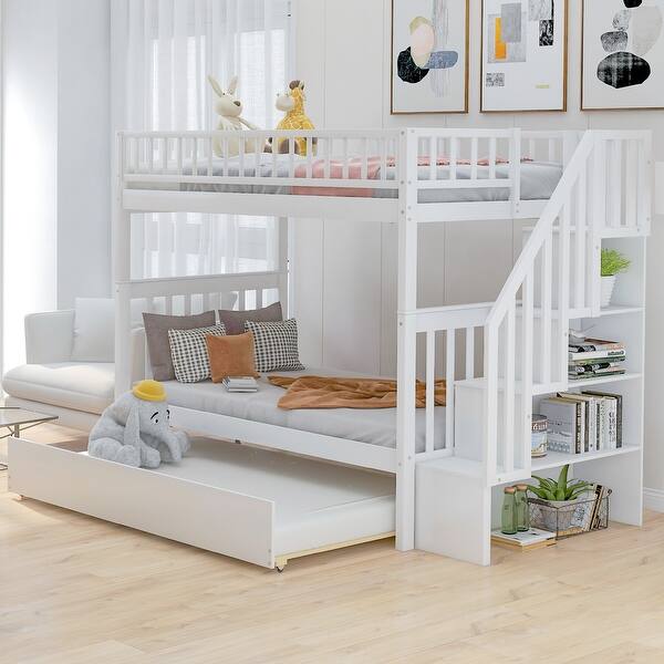 slide 2 of 25, Modern & Simple Style Twin over Twin Bunk Bed with Trundle,Solid Wood Convertible Bed with Storage Staircase White