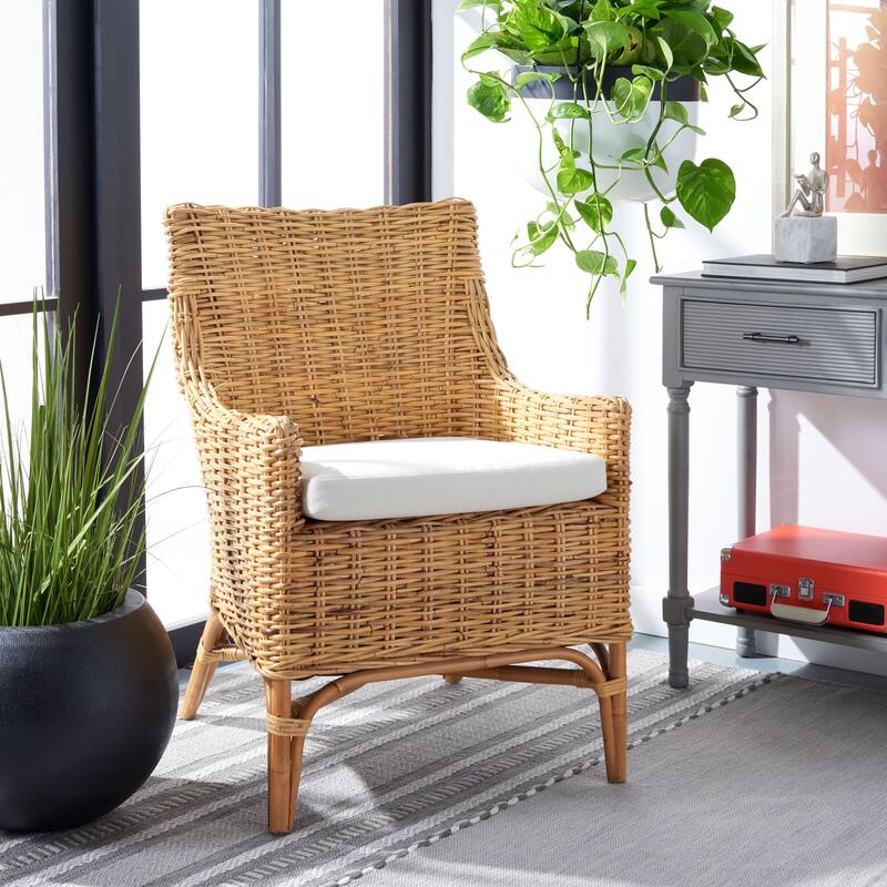 SAFAVIEH Permelia Rattan Accent Chair with Cushion - 24" W x 27.6" L x 35" H - 24Wx28Dx35H