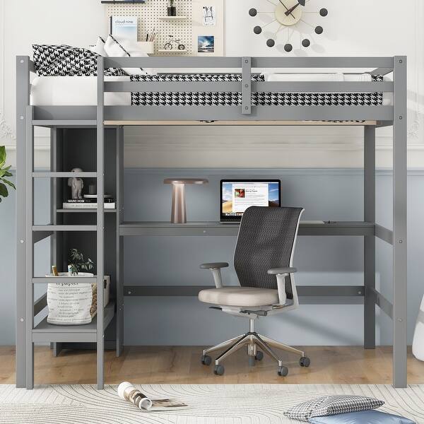 slide 2 of 17, Full Size Loft Bed with Multi-Use Shelving & Underbed Study Desk ，Space-Saving College Dorm Bed with Storage Shelves Grey