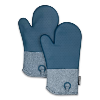 Blue Heat Resistant Thick Soft Quilted Lining Kitchen Oven Glove Mitts With Silicone - 1 pair