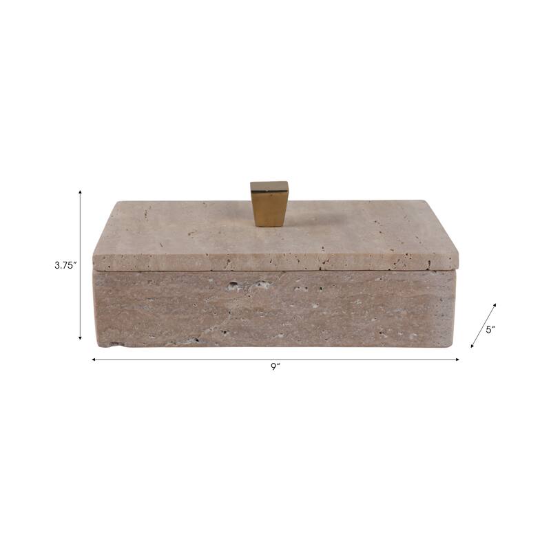 Decorative Travertine Box with Gold Knob and Removable Lib - 9", Tan - 9.0"