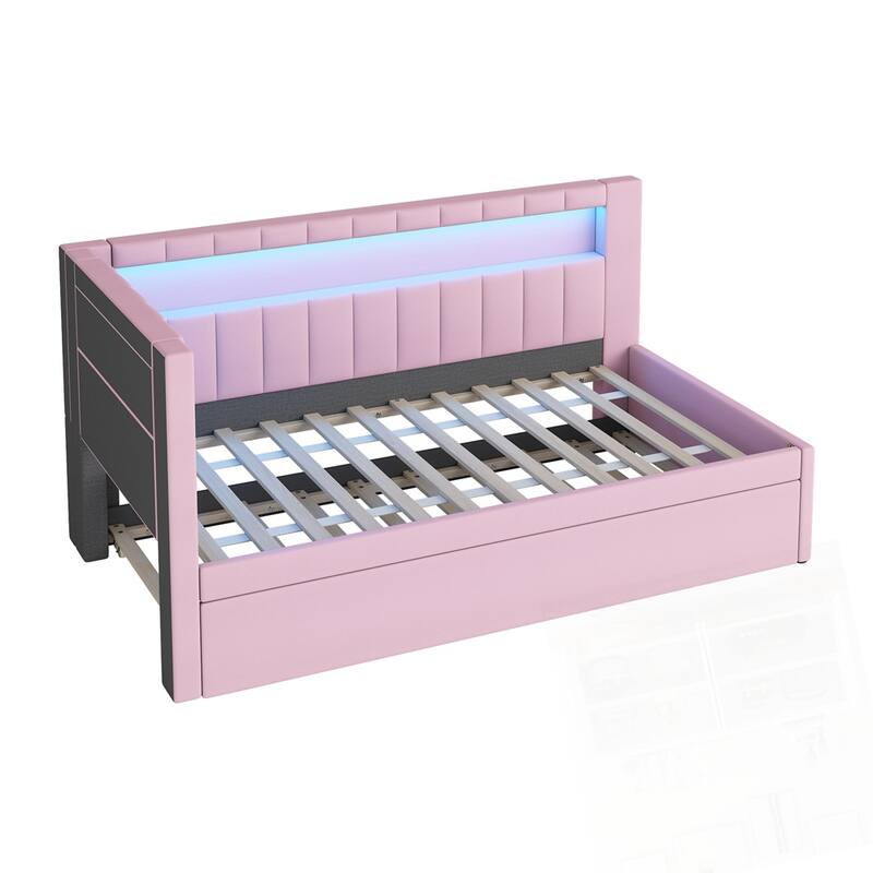 Upholstered Platform Bed with USB Ports and LED Belt With Trundle