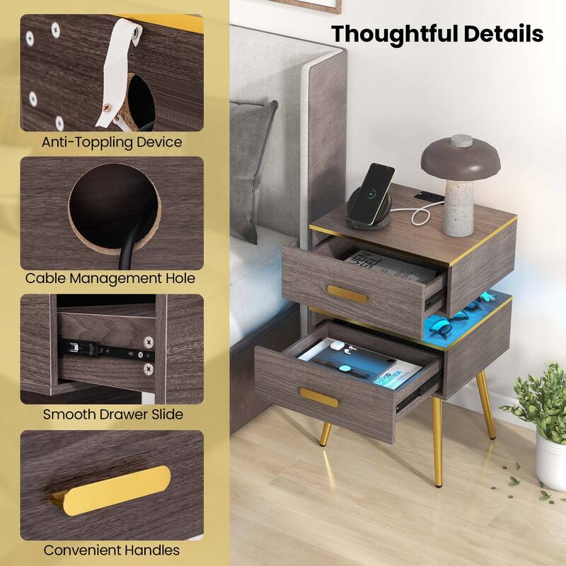 Costway 1/2 PCS Nightstand with Charging Station Bedside Sofa Side