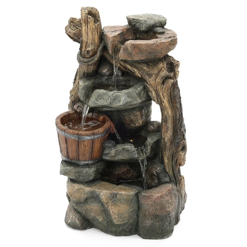 Resin Stacked Rock Wall and Barrel Outdoor Fountain with LED Lights