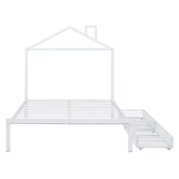 slide 2 of 14, Full Metal Platform Bed with Two Drawers, House-Shaped Headboard Design, Non-Noise Bedroom Low Bed Frame W/Support Slats, White White - Full