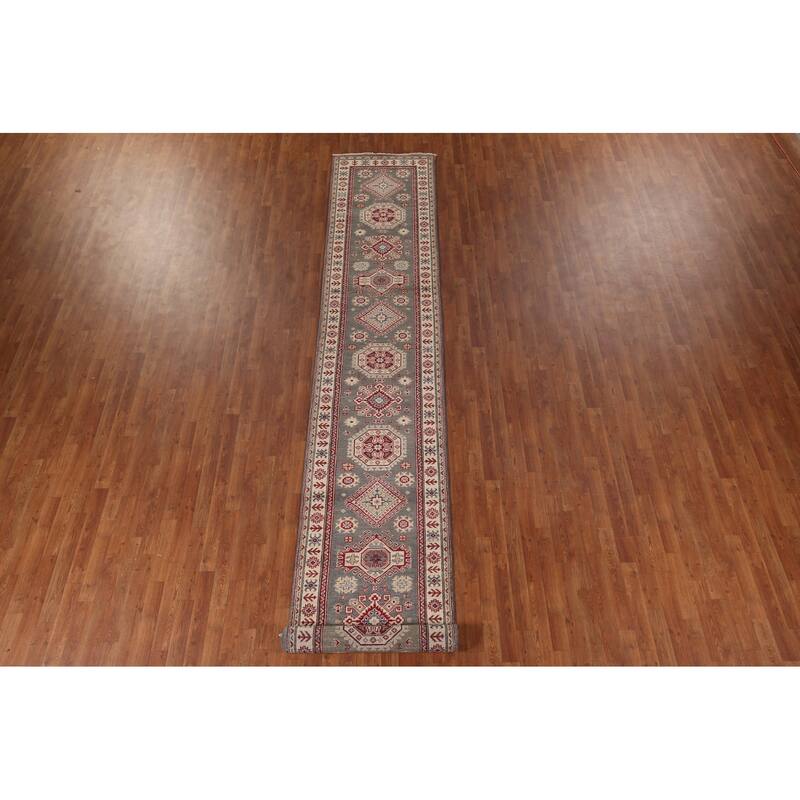 Gray Kazak Runner Rug Hand-Knotted Wool Carpet - 2'8" x 16'3"