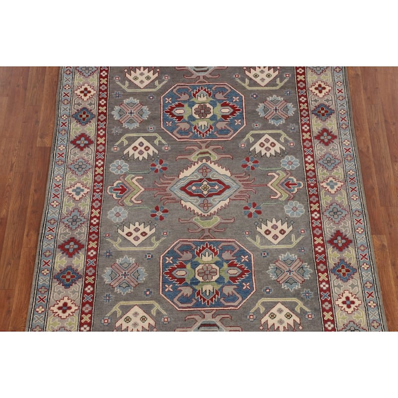 Gray Geometric Kazak Oriental Area Rug Handmade Wool Carpet - 5'0" x 6'8"