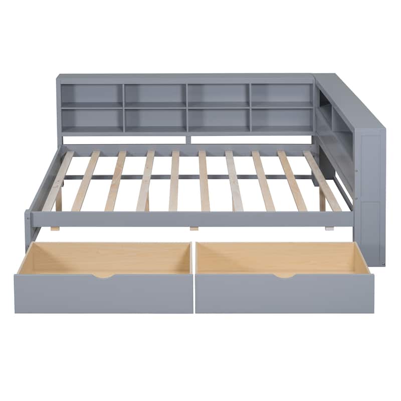 Full Size Daybed with Storage Drawers, USB Charging Ports, and Double-Layer Shelf, Grey
