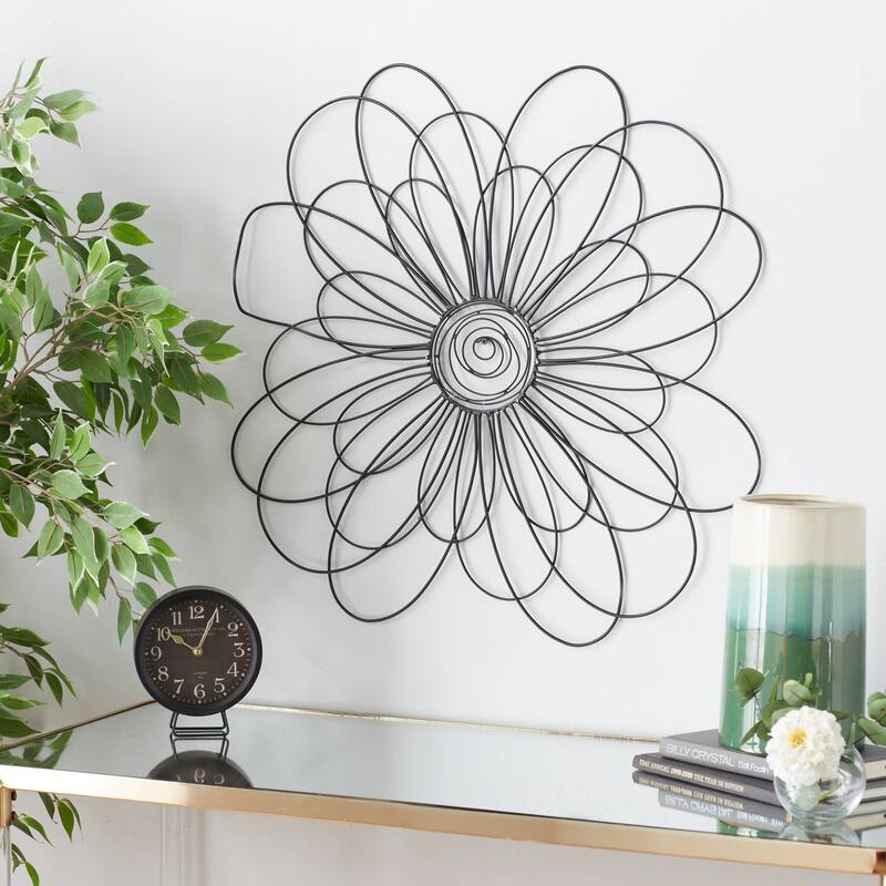 Black Metal 3D Wire Floral Home Wall Decor with Crystal Embellishments