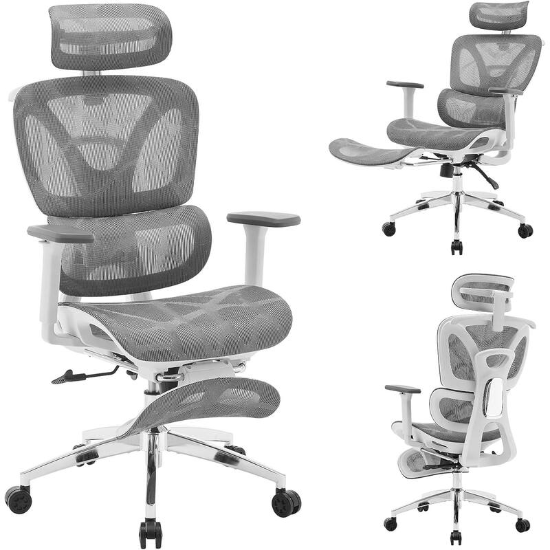 Ergonomic Mesh Office Chair with Footrest, Adjustable Lumbar Support, High Back Tilt Desk Chair for Adults - Gray