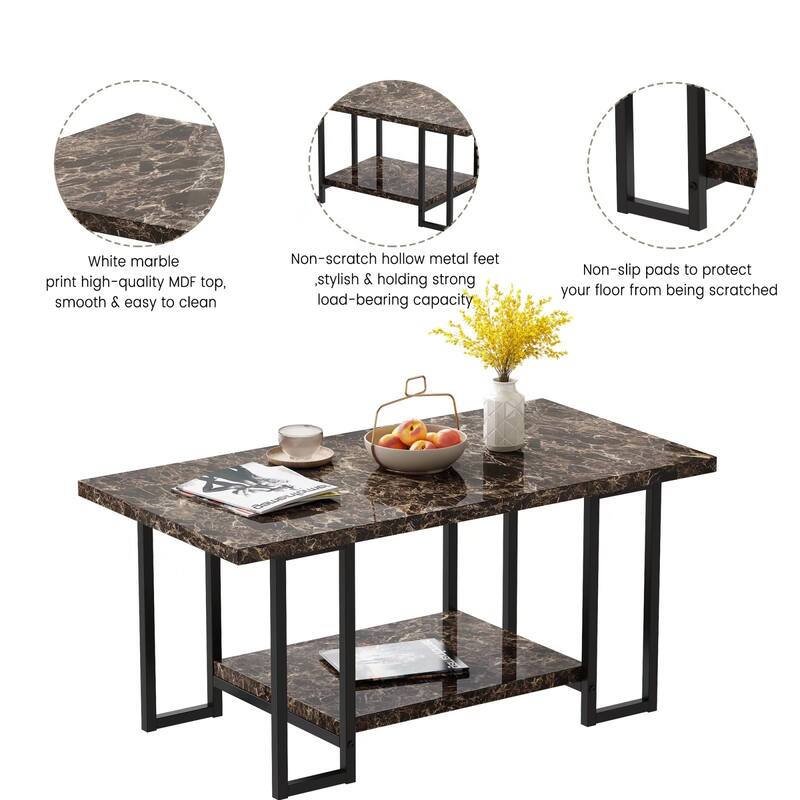 2 -Tier Rectangle Coffee Table, Black Base and Faux Marble Table top for Living Room, Double Metal Leg Design