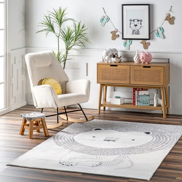 slide 2 of 12, Nuloom Kinslee SpinClean Modern Lion Machine Washable Kids Area Rug 3' x 5' - Light Grey - Rectangle